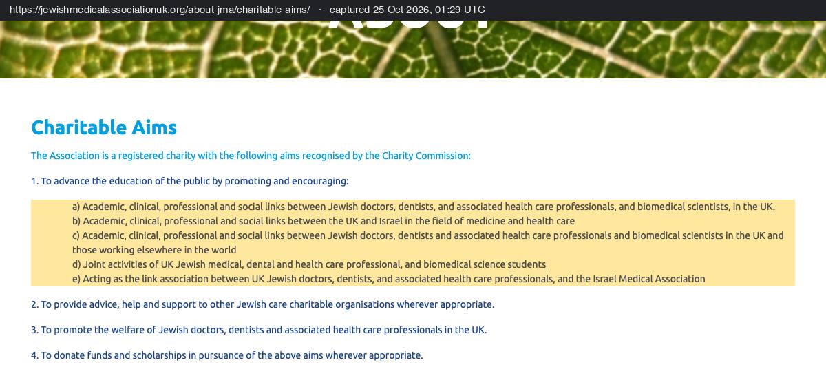 The Jewish Medical Association's charitable aims, including links between the UK and Israel in medicine and acting as the link association with the Israel Medical Association.