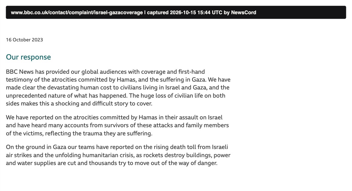 The BBC's published complaint response of 16 October 2023 on its Israel and Gaza coverage, under the heading Our response