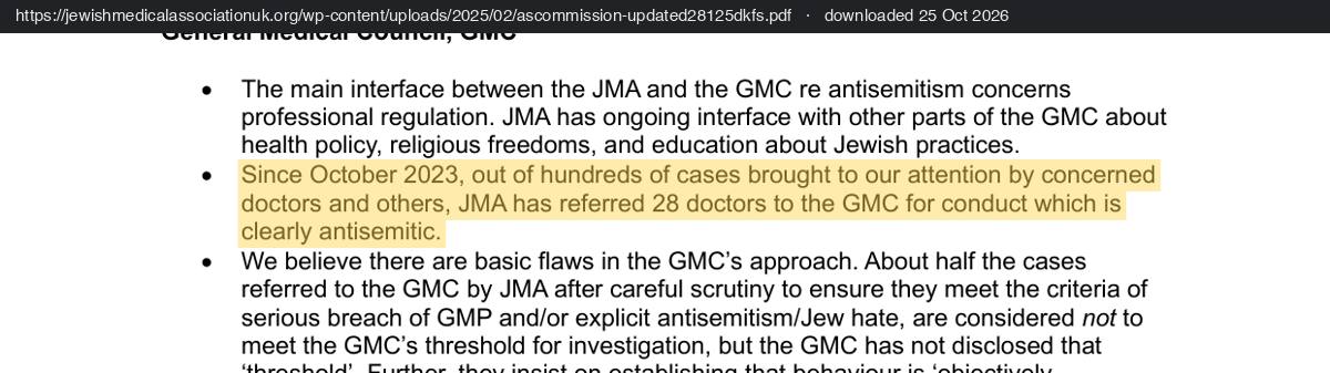 The Jewish Medical Association's statement on the General Medical Council: since October 2023 JMA has referred 28 doctors to the GMC for conduct which is clearly antisemitic.