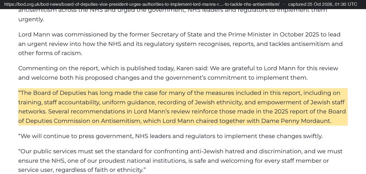 The Board of Deputies statement of 4 June 2026: the Board has long made the case for many of the measures in the report, and several recommendations in Lord Mann's review reinforce those of the Board's 2025 commission, which Lord Mann chaired with Dame Penny Mordaunt.