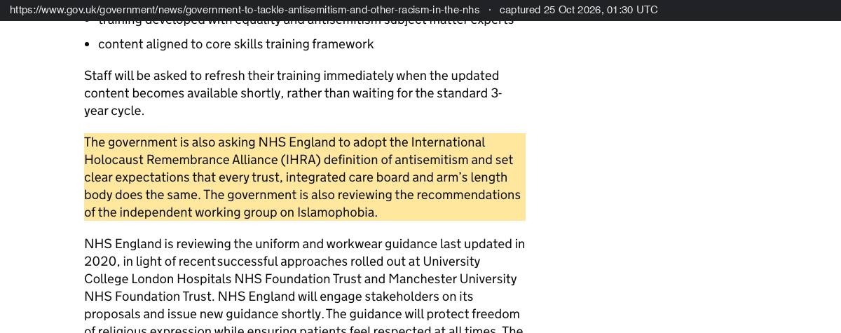 The government's announcement of 16 October 2025: the government is also asking NHS England to adopt the IHRA definition of antisemitism and set clear expectations that every trust, integrated care board and arm's length body does the same.