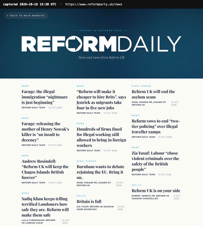 Screenshot of the Reform Daily front page on 16 October 2026 listing its twelve latest items, most of them about immigration