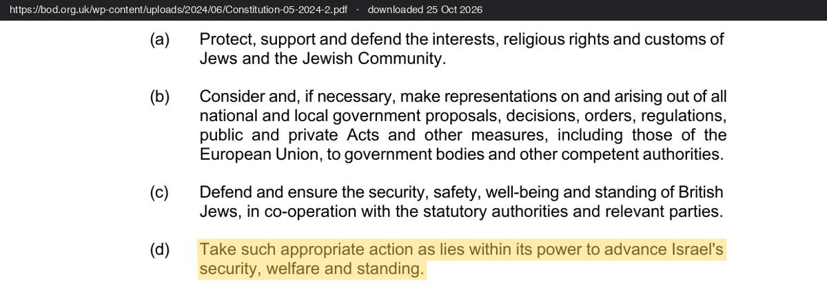 Clause 3 of the Board of Deputies constitution, items (a) to (d), with (d) highlighted: take such appropriate action as lies within its power to advance Israel's security, welfare and standing.