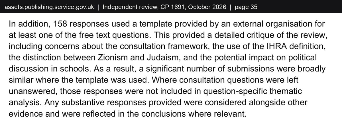 Extract from page 35 of the Bell review: 158 responses used a template provided by an external organisation, with concerns about the use of the IHRA definition, the distinction between Zionism and Judaism, and the impact on political discussion in schools.
