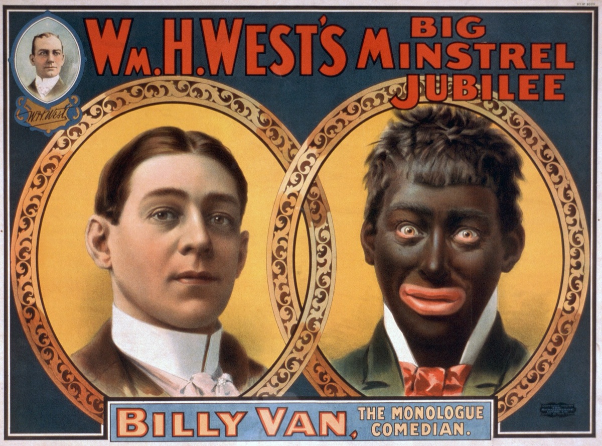 Minstrel poster showing the comedian Billy Van twice, once as himself and once in blackface