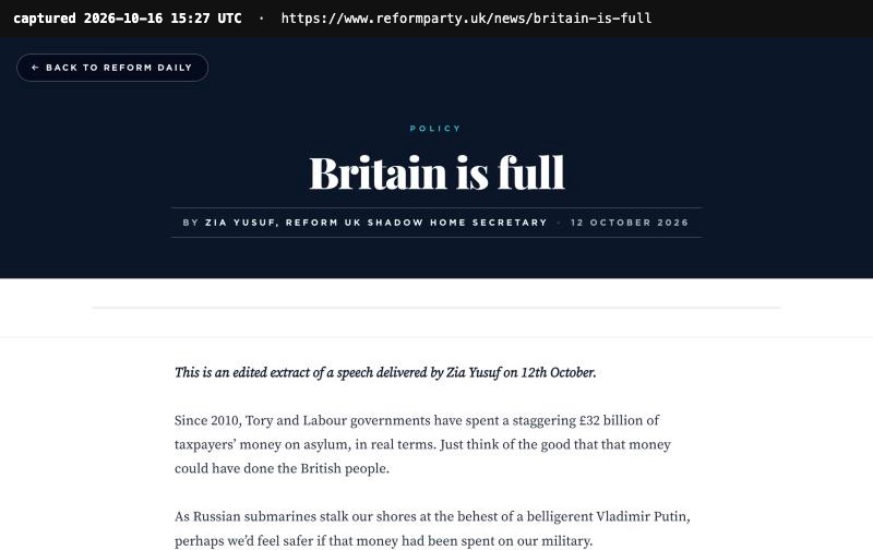 Screenshot of Reform Daily, headlined Britain is full, by Zia Yusuf, Reform UK shadow home secretary, dated 12 October 2026