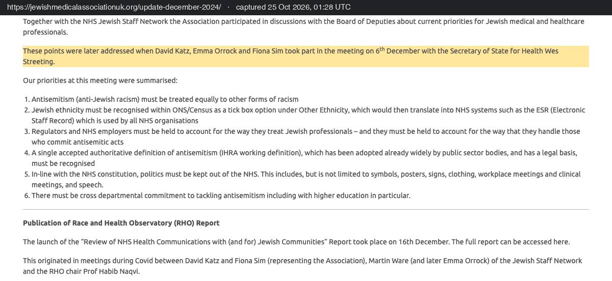 The Jewish Medical Association's December 2024 update: David Katz, Emma Orrock and Fiona Sim took part in the meeting with the Secretary of State for Health Wes Streeting. The priorities listed include the IHRA working definition and keeping politics, including symbols, posters, signs and clothing, out of the NHS.