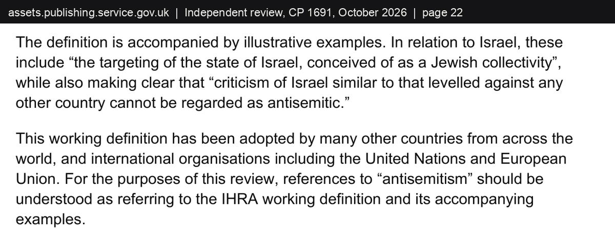 Extract from page 22 of the Bell review: for the purposes of this review, references to antisemitism should be understood as referring to the IHRA working definition and its accompanying examples.