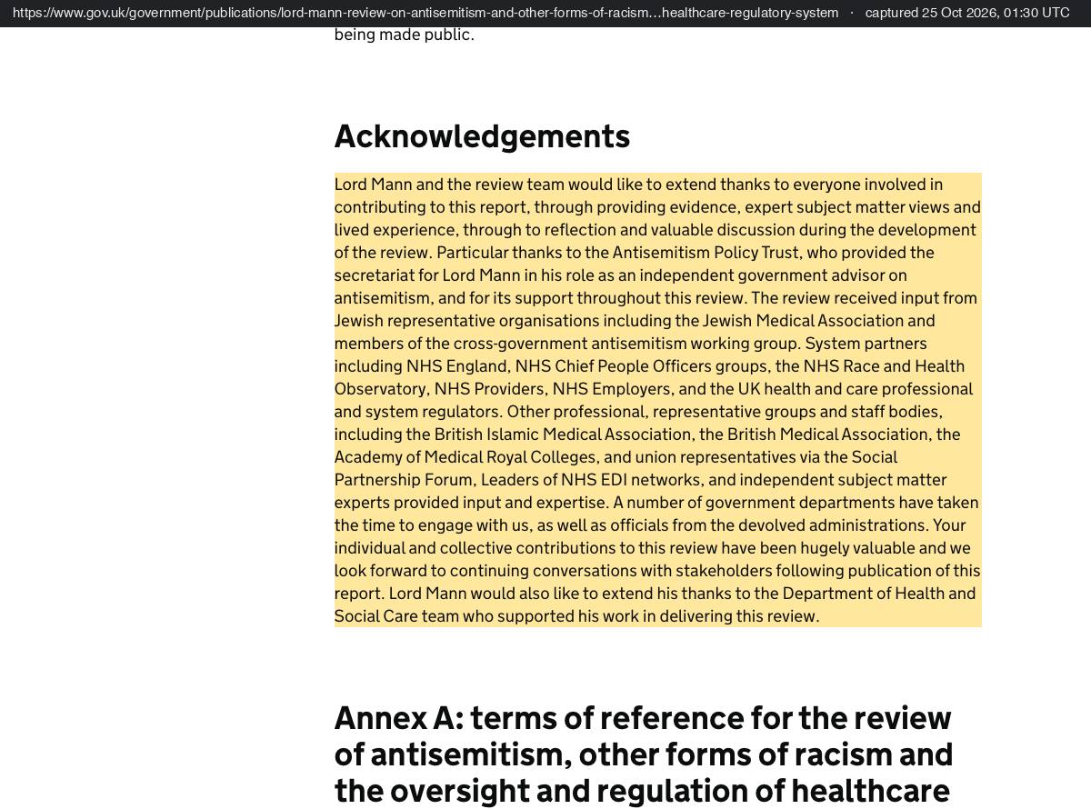 The acknowledgements of the Mann review, thanking the Antisemitism Policy Trust for providing the secretariat for Lord Mann and for its support throughout the review, and listing the Jewish Medical Association among those who gave input.