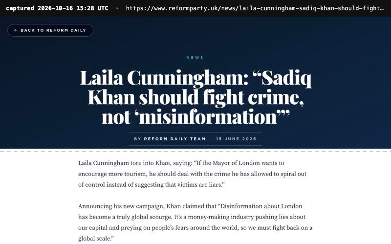 Screenshot of Reform Daily, headlined Laila Cunningham, Sadiq Khan should fight crime, not misinformation, dated 15 June 2026, with her words and the Mayor's on disinformation
