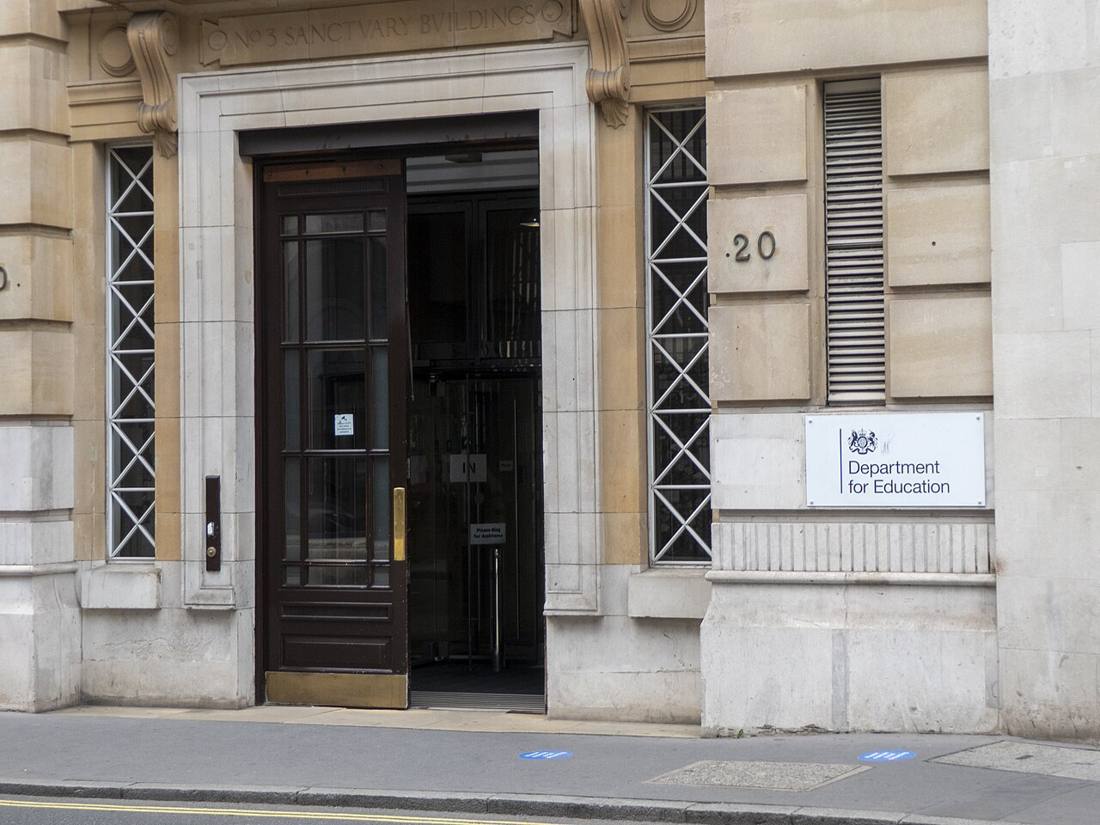 The entrance to the Department for Education's offices at Sanctuary Buildings, Great Smith Street, London