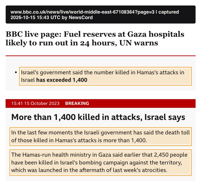 BBC live page post of 15 October 2023 headlined More than 1,400 killed in attacks, Israel says, with the sentence calling the 7 October attack last week's atrocities