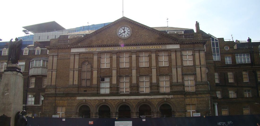 The Royal London Hospital on Whitechapel Road, run by Barts Health NHS Trust, which banned staff from wearing political symbols in March 2025 after complaints from UK Lawyers for Israel.