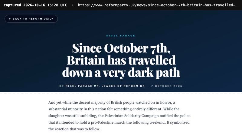 Screenshot of Reform Daily, headlined Since October 7th, Britain has travelled down a very dark path, by Nigel Farage, dated 7 October 2026, with the passage about the decent majority of British people