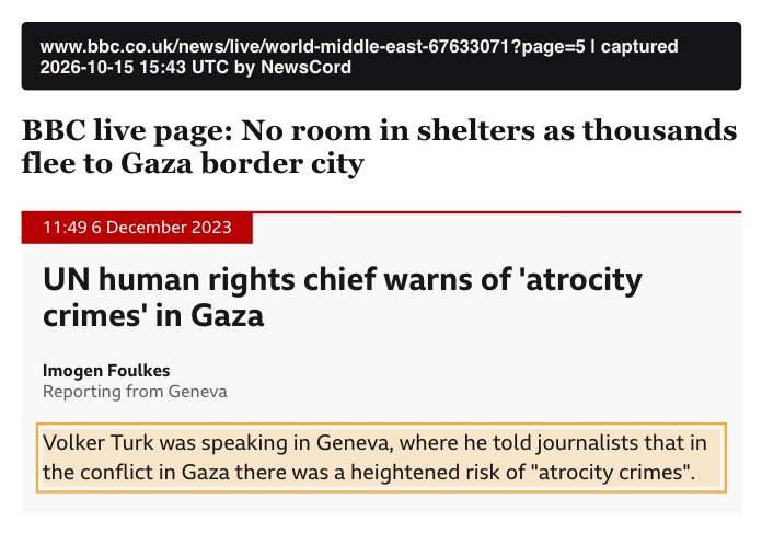 BBC live page post of 6 December 2023 by Imogen Foulkes, headlined UN human rights chief warns of atrocity crimes in Gaza, with the word in quote marks