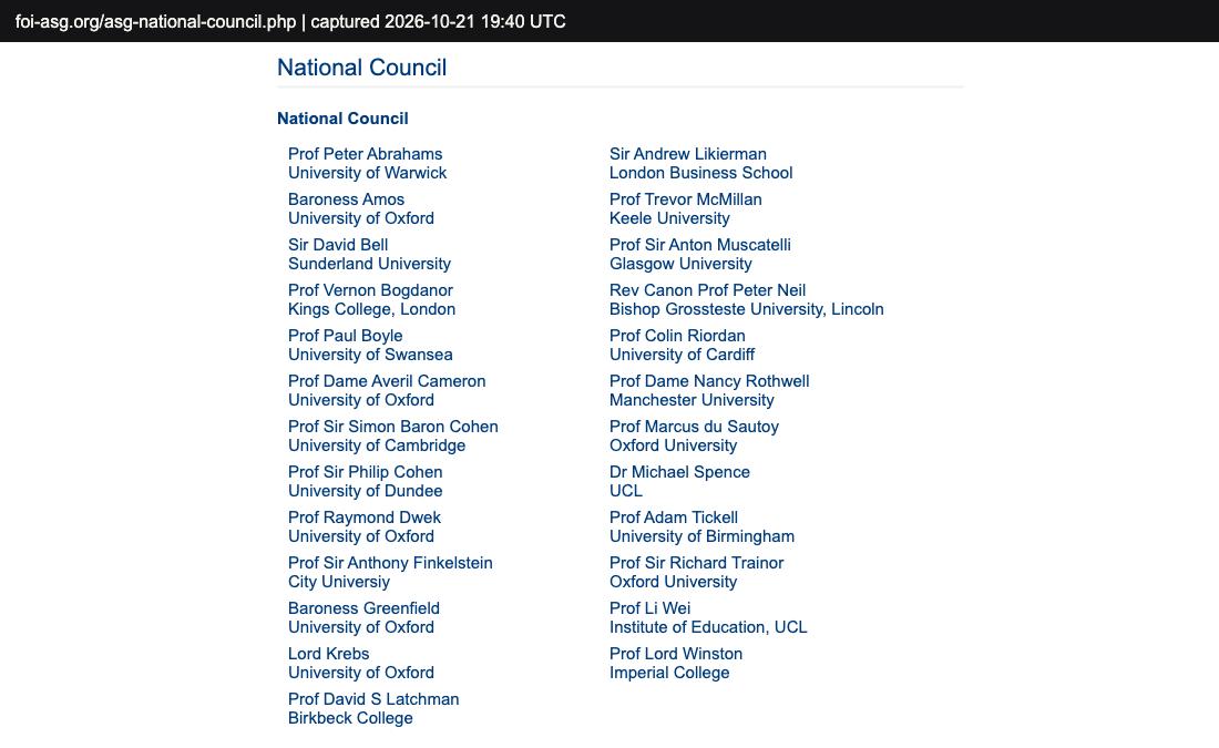 The National Council page of the Academic Study Group website, listing Sir David Bell, Sunderland University, among its members, with John D A Levy as director.