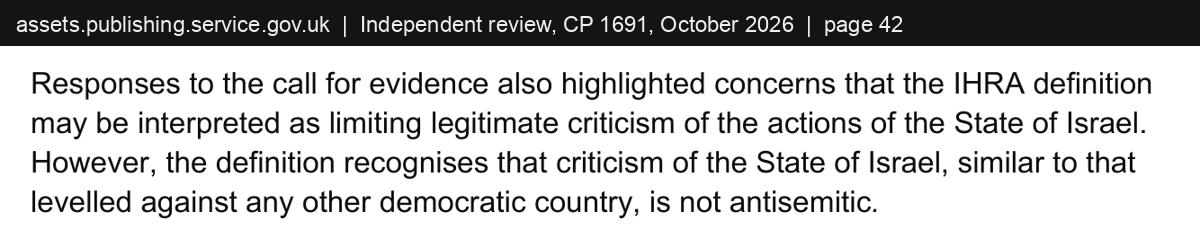 Extract from page 42 of the Bell review: the definition recognises that criticism of the State of Israel, similar to that levelled against any other democratic country, is not antisemitic.