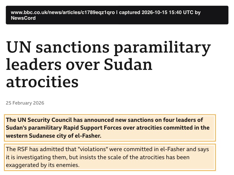 BBC News report of 25 February 2026, UN sanctions paramilitary leaders over Sudan atrocities, with a paragraph on atrocities committed in el-Fasher and another giving the RSF's claim that the scale has been exaggerated