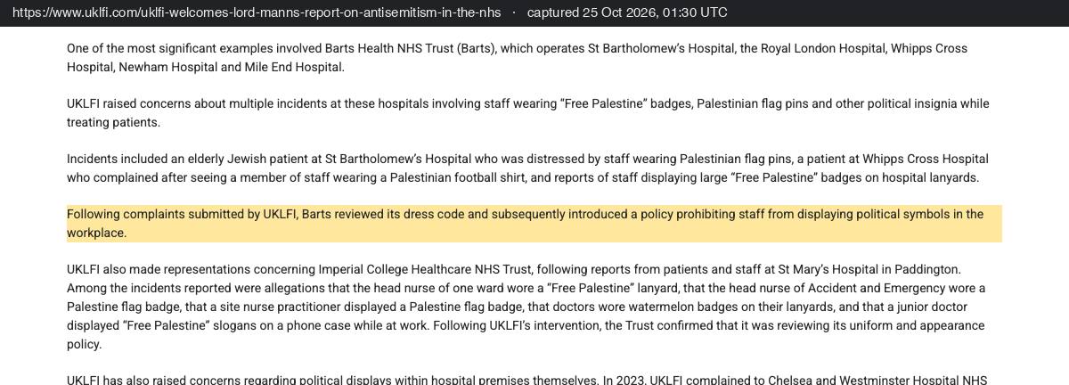 UK Lawyers for Israel's statement on the Mann review, saying that following complaints submitted by UKLFI, Barts reviewed its dress code and introduced a policy prohibiting staff from displaying political symbols in the workplace.
