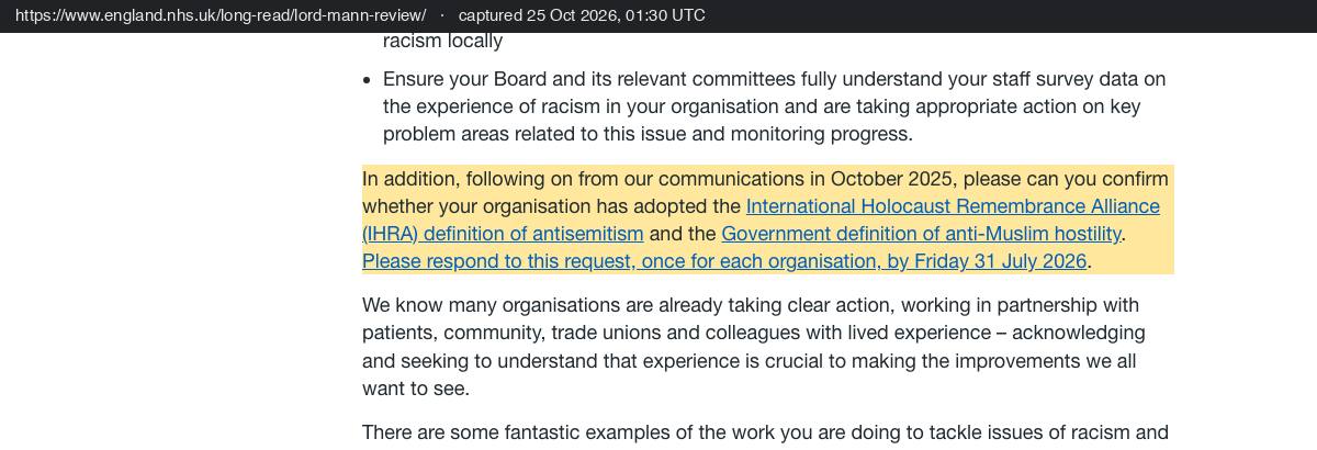NHS England's letter of 4 June 2026 asking every organisation to confirm whether it has adopted the IHRA definition of antisemitism and the government definition of anti-Muslim hostility by Friday 31 July 2026.