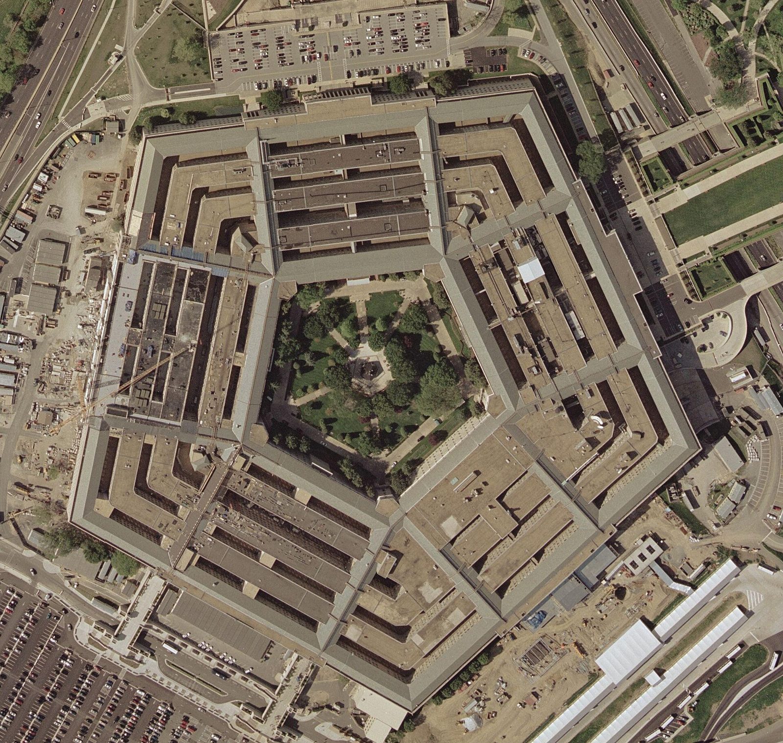 Overhead satellite view of the Pentagon and its central courtyard
