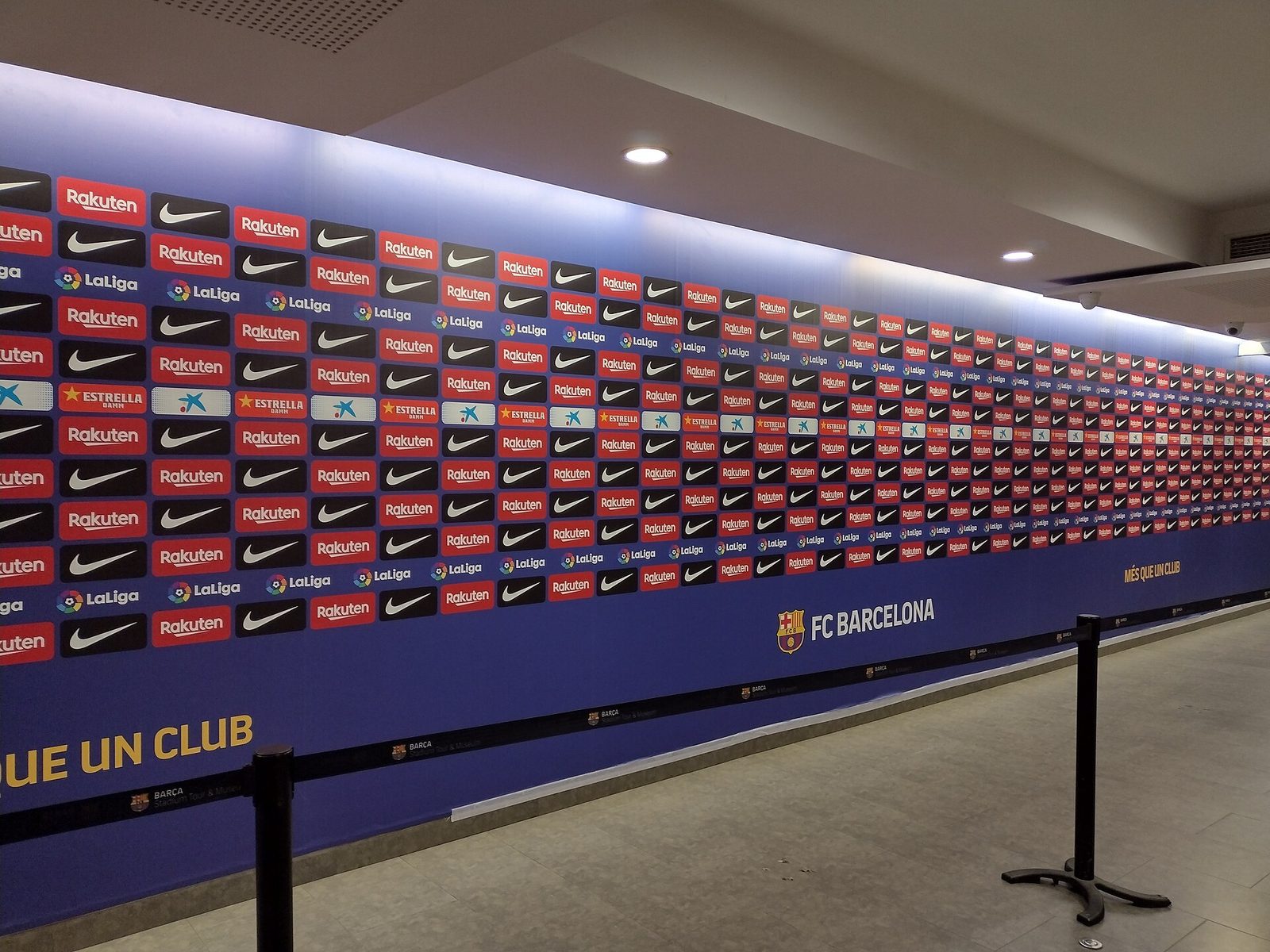 Long sponsor wall with FC Barcelona and sponsor logos, press lane, Camp Nou