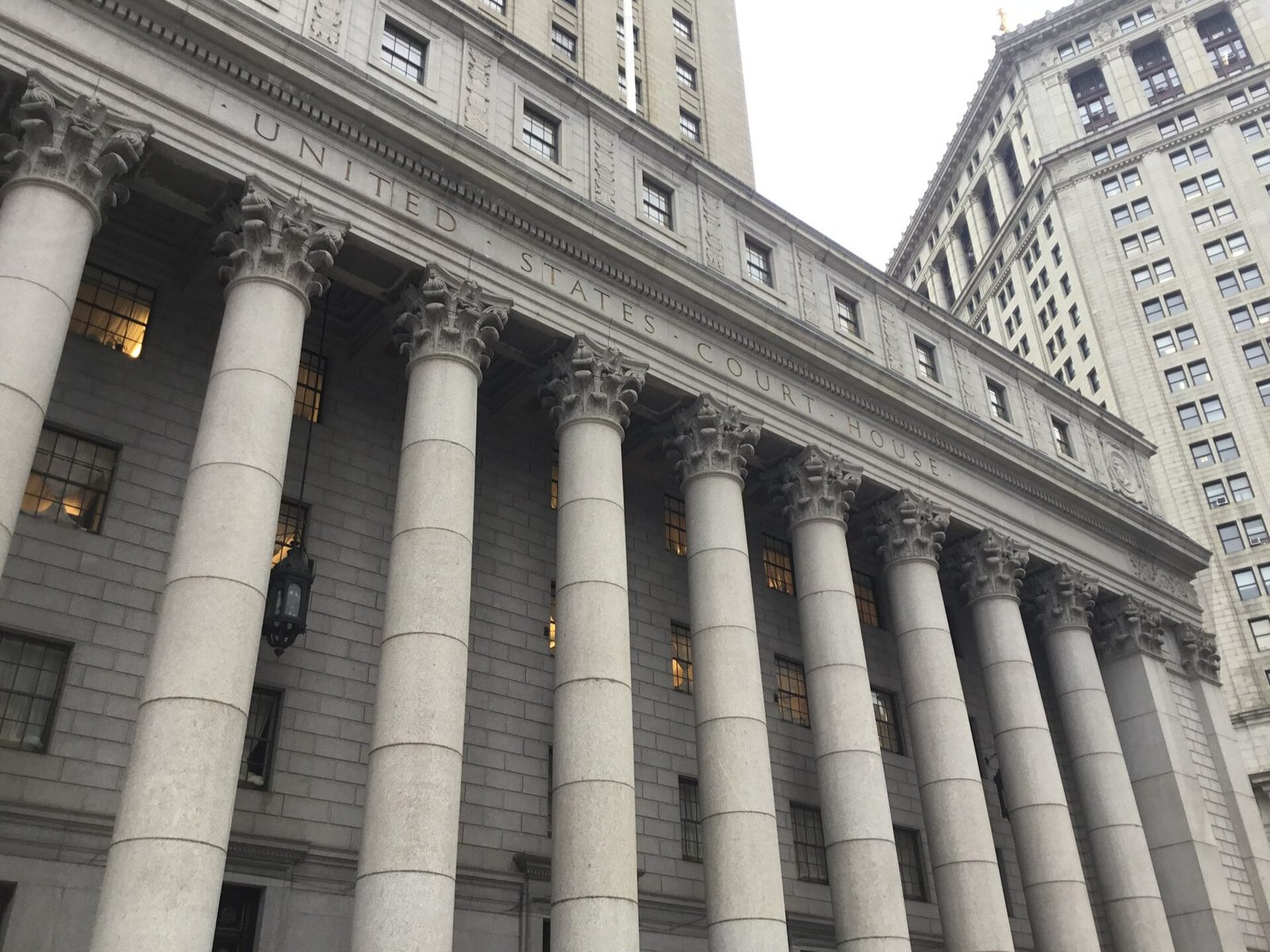 Courthouse front, row of columns and 'United States Court House' inscription, New York City