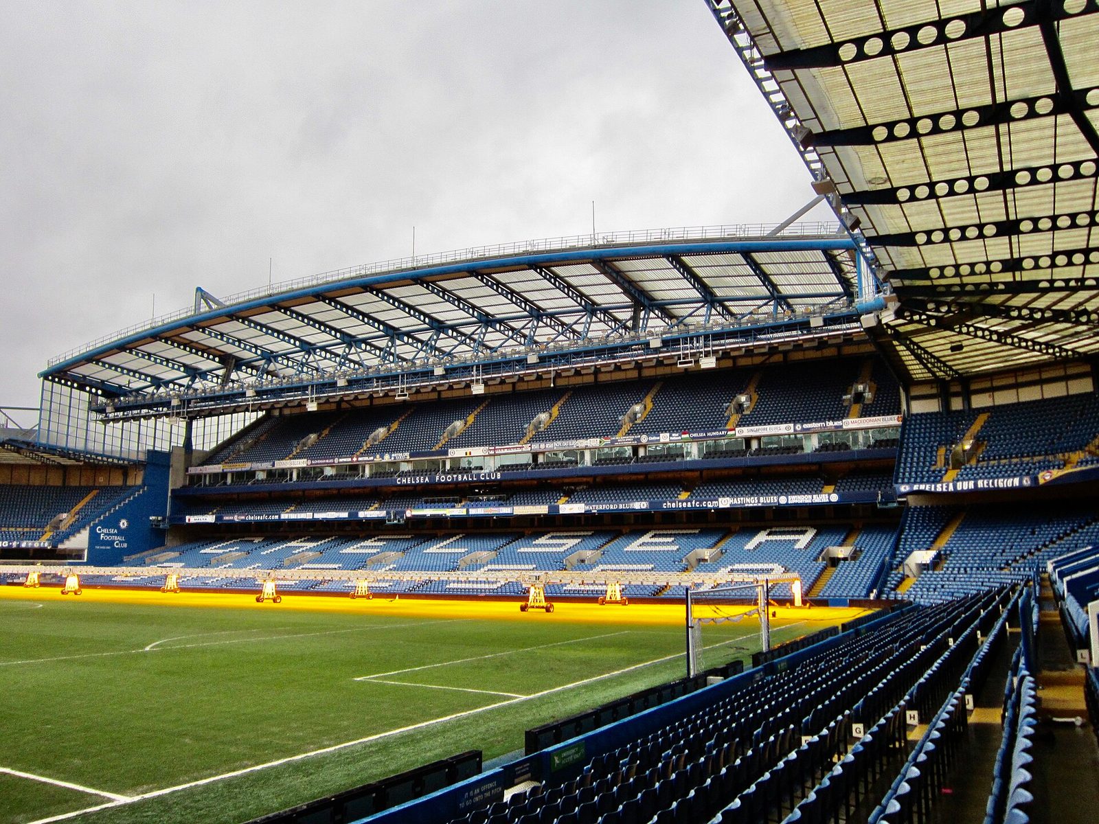 Empty stand and goalmouth, pitch and seating in foreground, Stamford Bridge