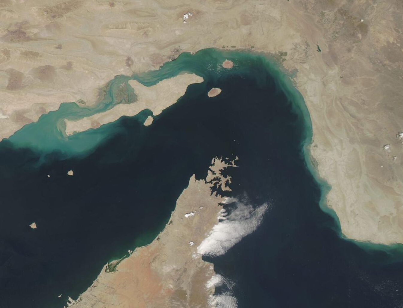 satellite view of an arrow-shaped island and surrounding sea, Qeshm Island