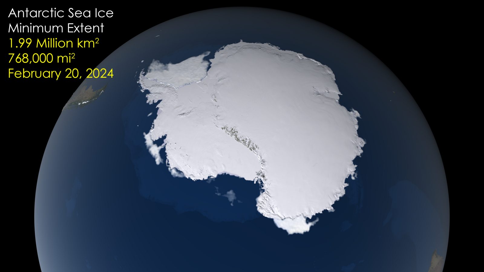 Globe view of Antarctica, labelled Antarctic sea ice minimum extent February 20