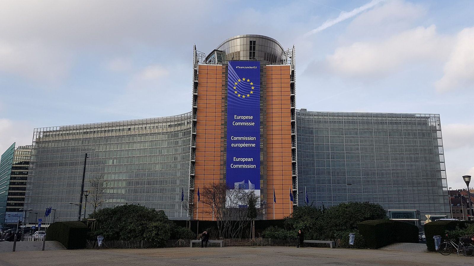 front exterior of Berlaymont building with large EU banner, Brussels