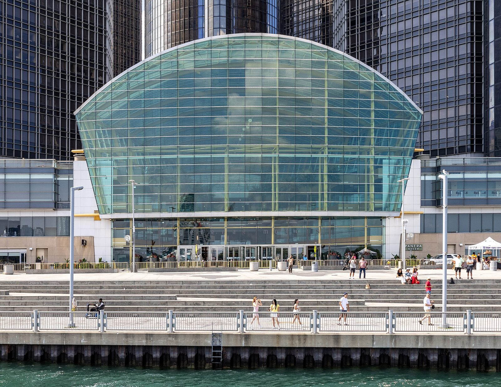 Glass GM Wintergarden atrium at the Renaissance Center entrance., Michigan
