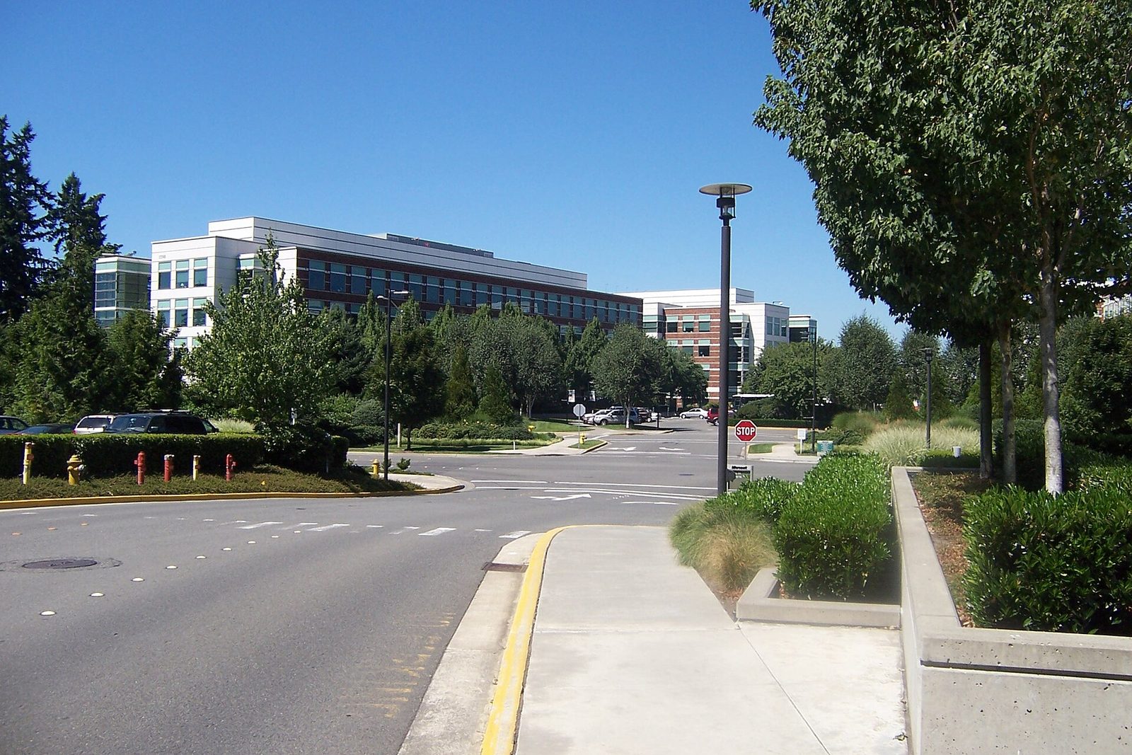 Road intersection on Microsoft Redmond campus, office buildings and sign