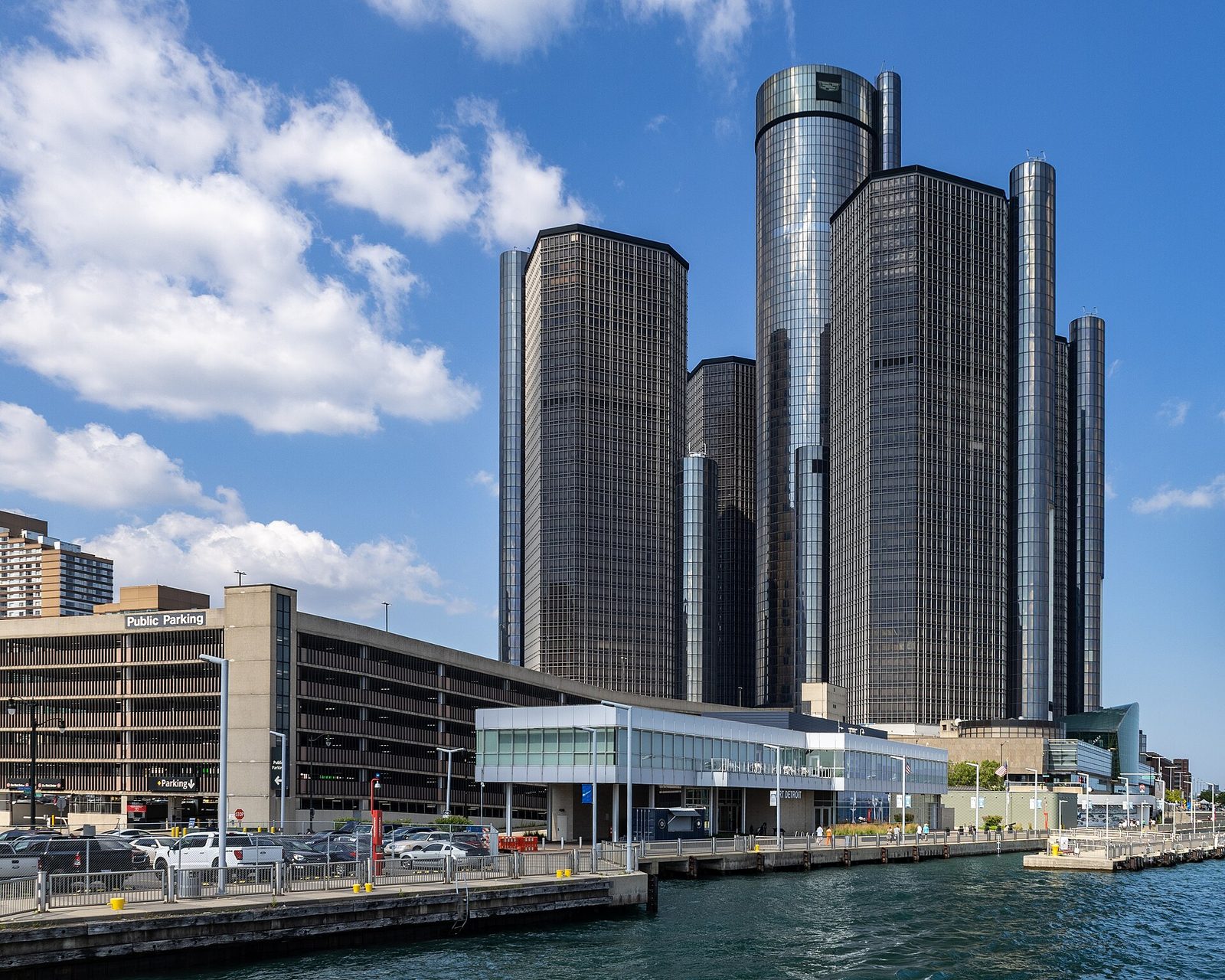 Port of Detroit and Renaissance Center on the Detroit River., Michigan