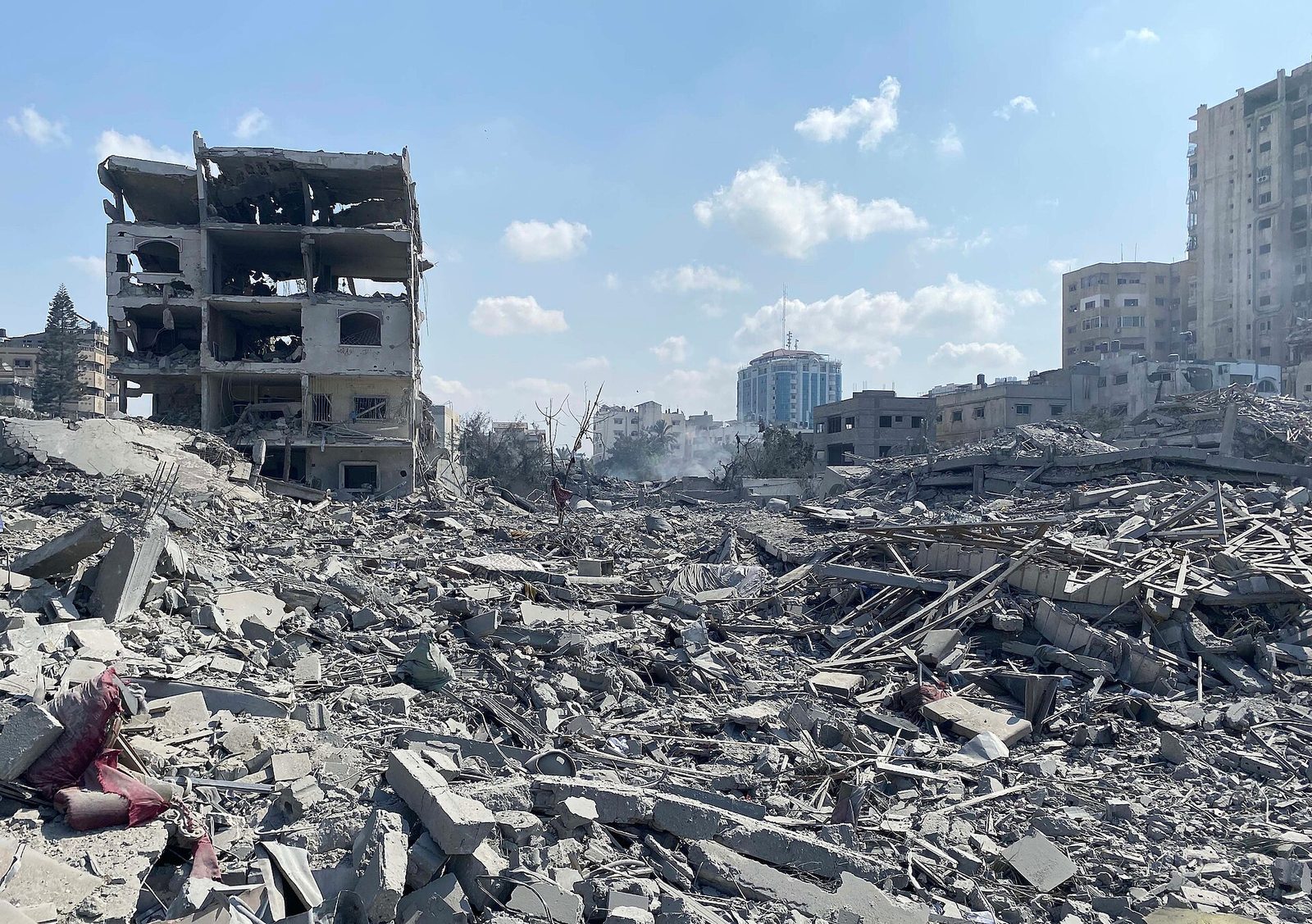 Rubble and heavily damaged multi-storey buildings in an urban area, Gaza Strip