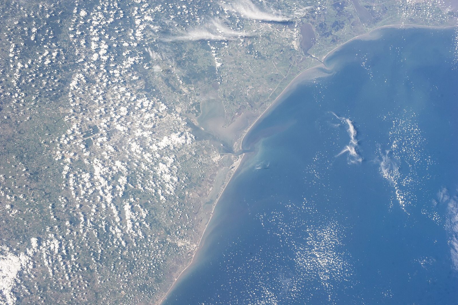 Satellite view showing part of Texas coastline and inland areas