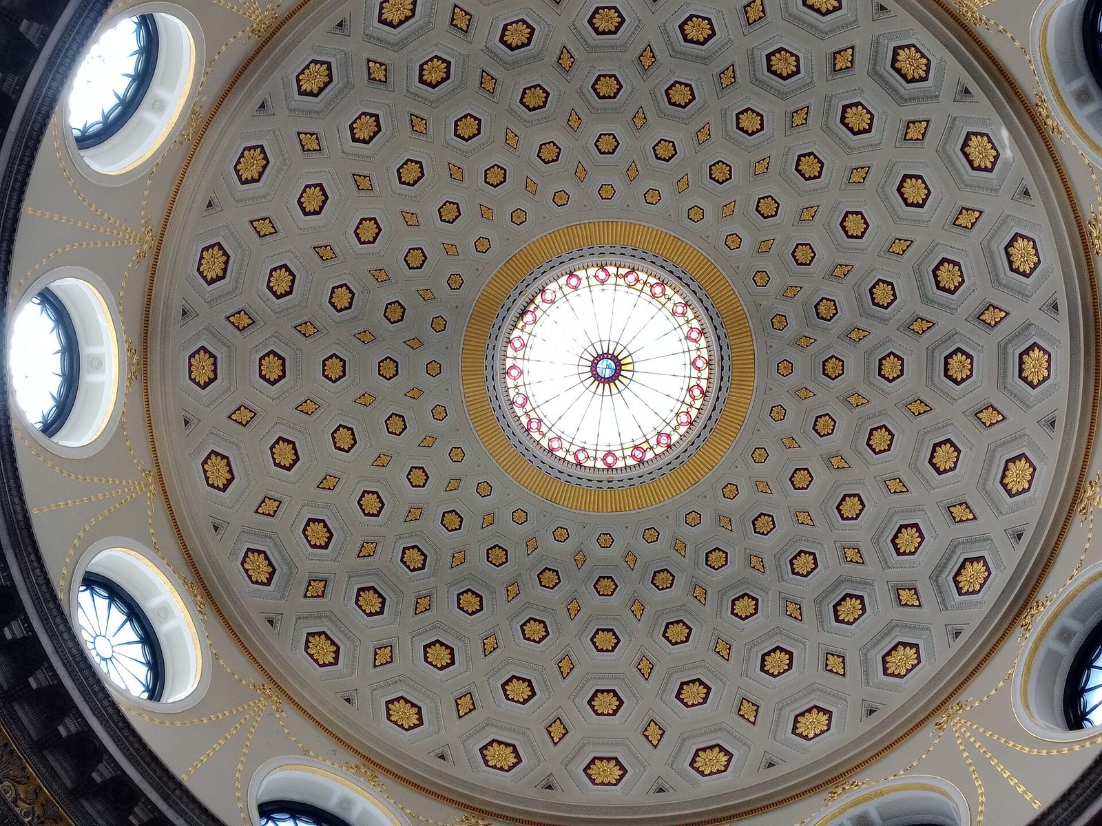 Interior view of ornate domed ceiling with circular skylight, Dublin City Hall