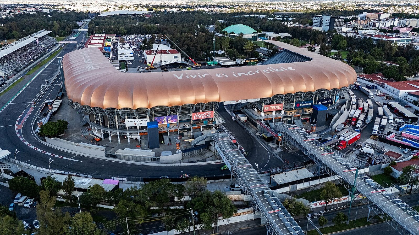 Aerial view of stadium roof, pit lane and pedestrian bridges at circuit, Mexico City