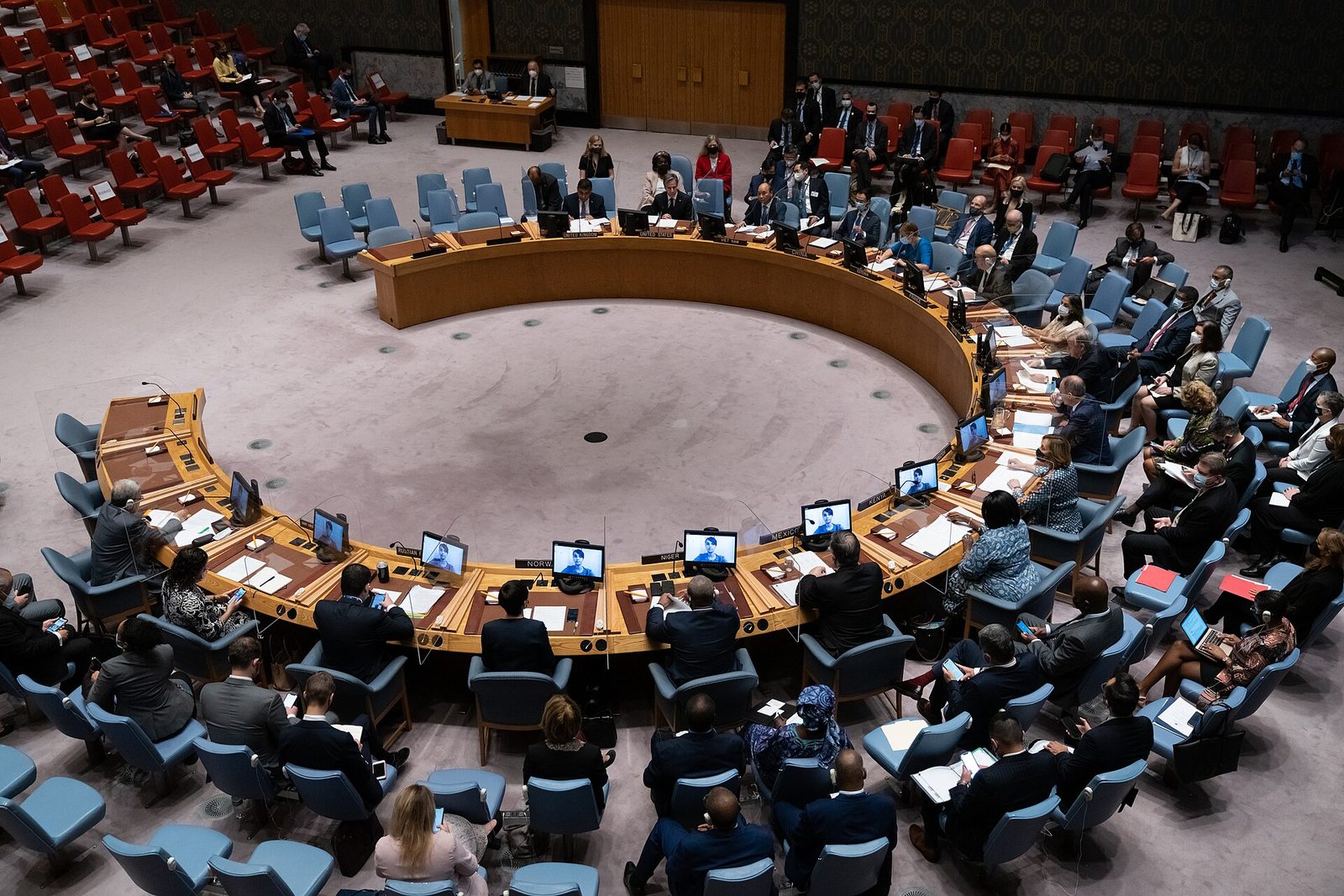 United Nations Security Council chamber, delegates around the circular table