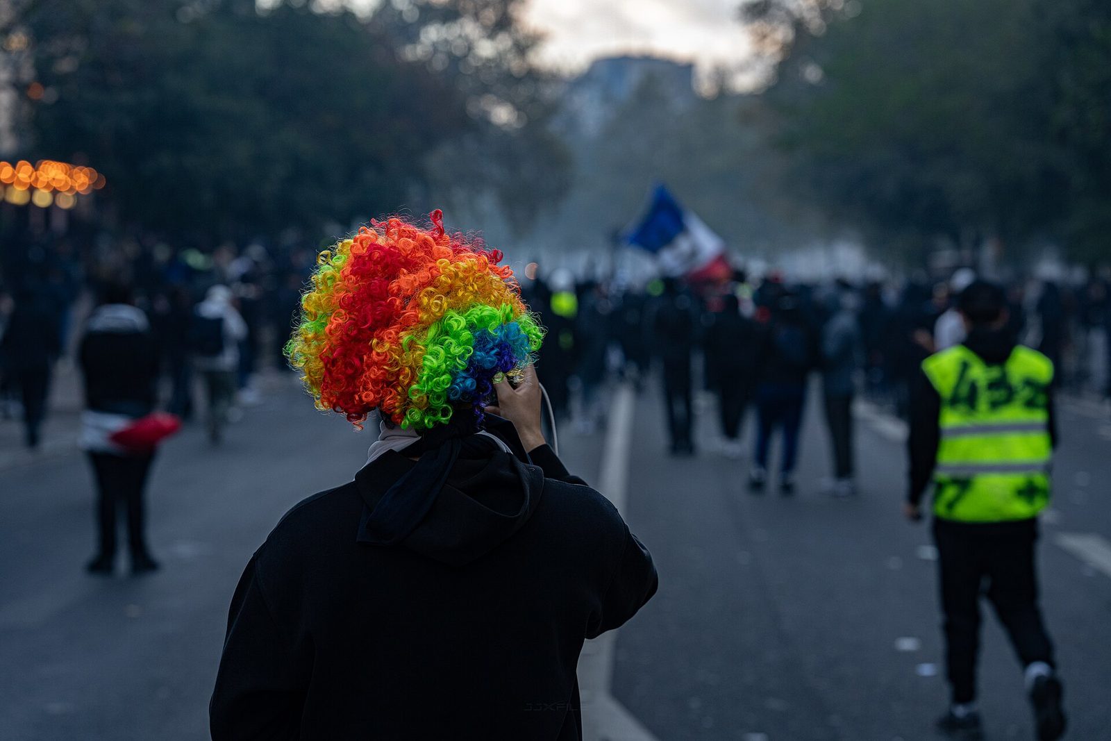 rear of person in rainbow wig, protesters ahead, French flag visible, France