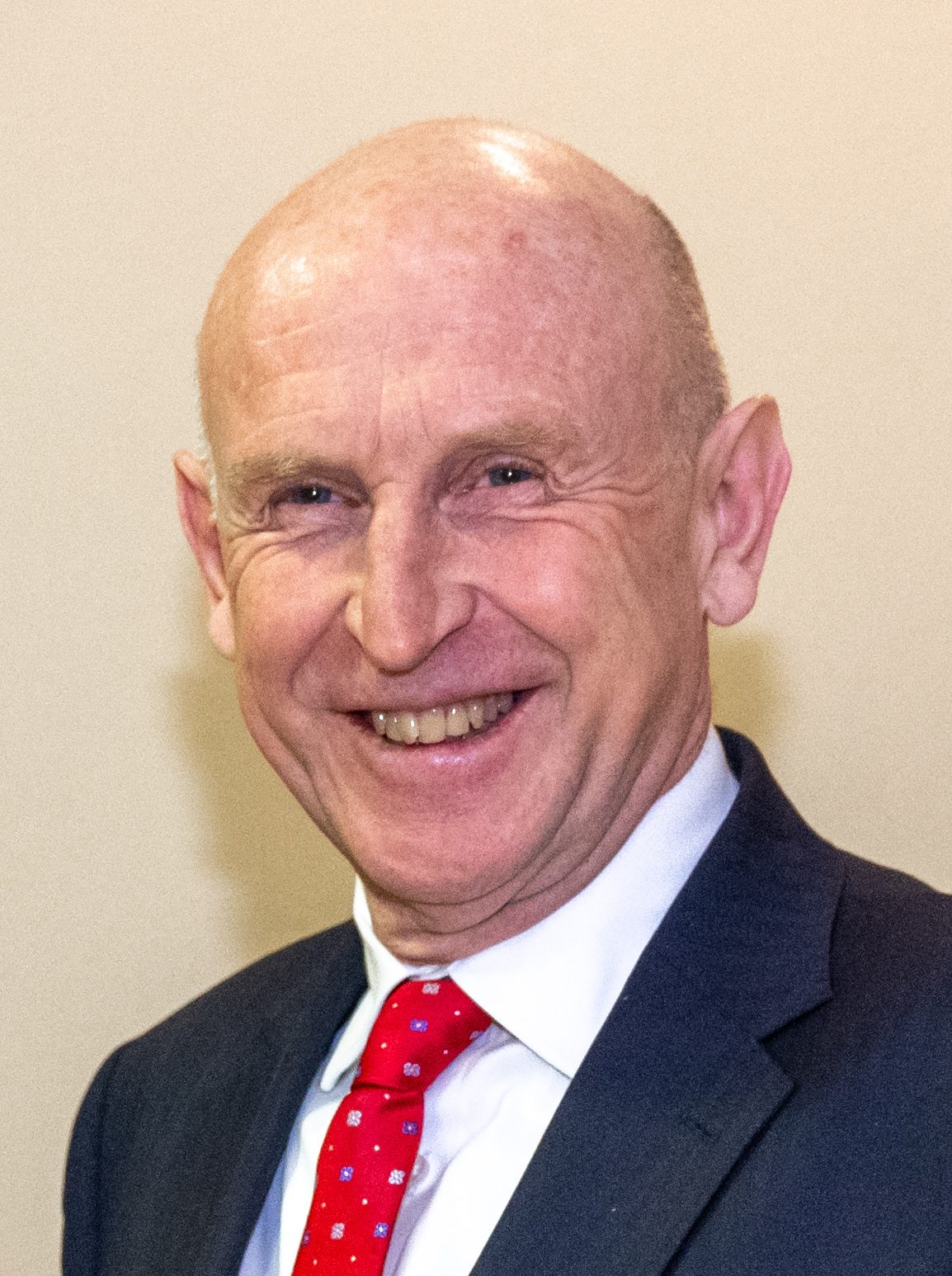 smiling bald man in suit and red tie, portrait crop