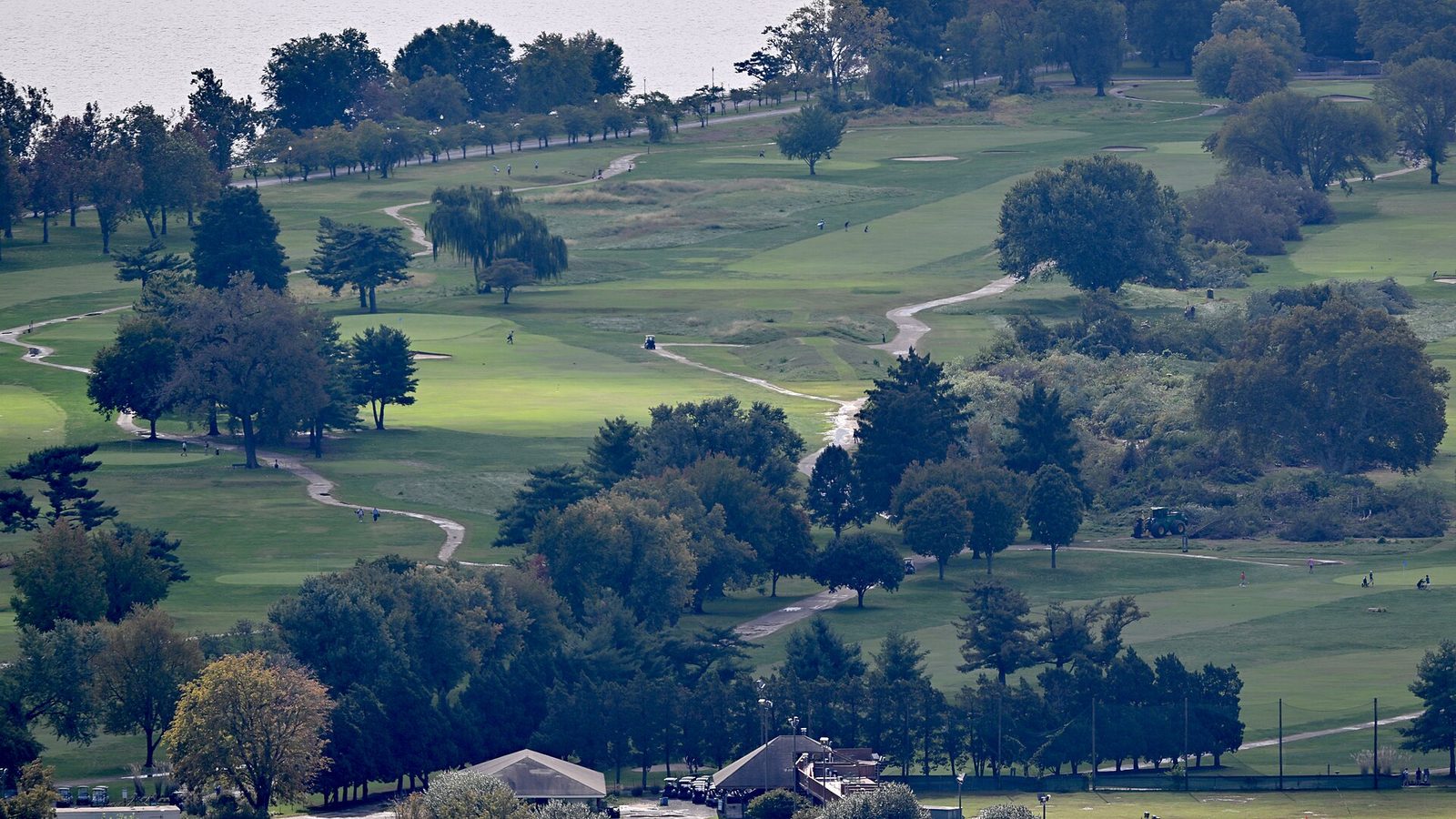 aerial view of golf course shoreline, many trees removed on right, East Potomac Park