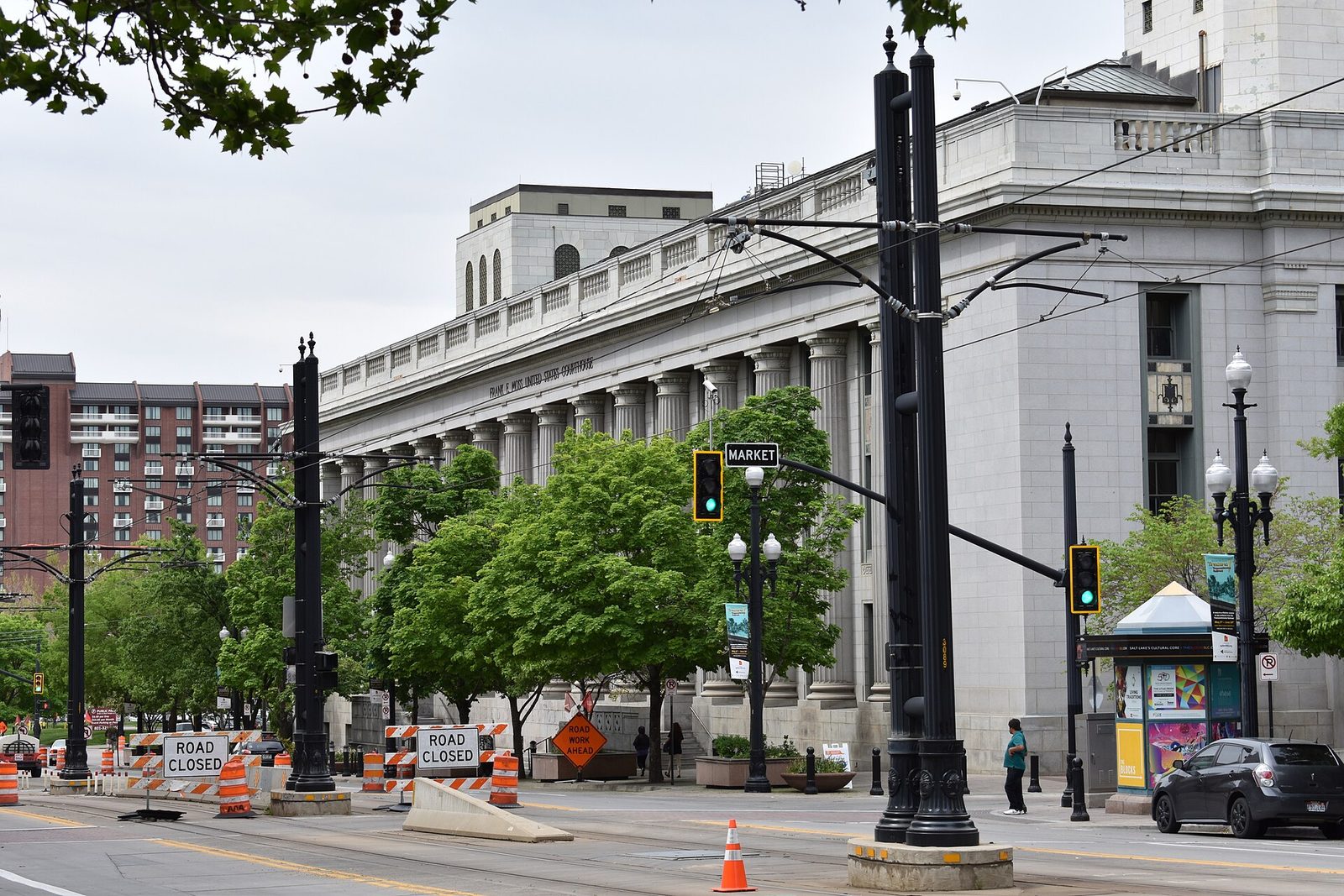 Neoclassical courthouse building with columns, street and traffic signs, Salt Lake City