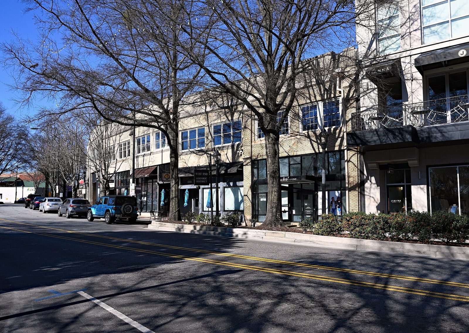 Tree-lined street with low-rise shops and parked cars, downtown, Greenville
