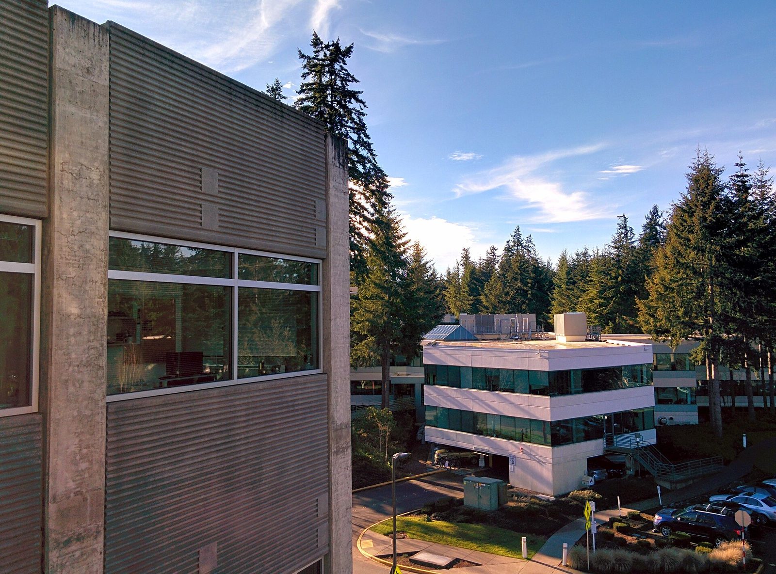 Two office buildings and trees on Microsoft Redmond campus