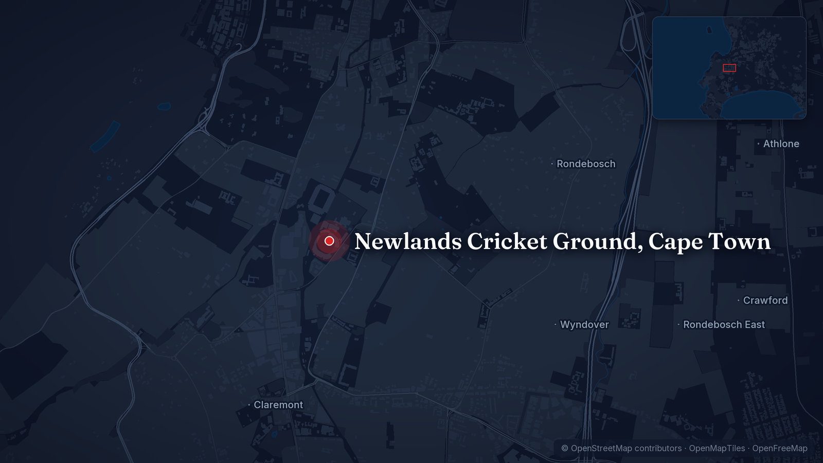 Map showing Newlands Cricket Ground, Cape Town