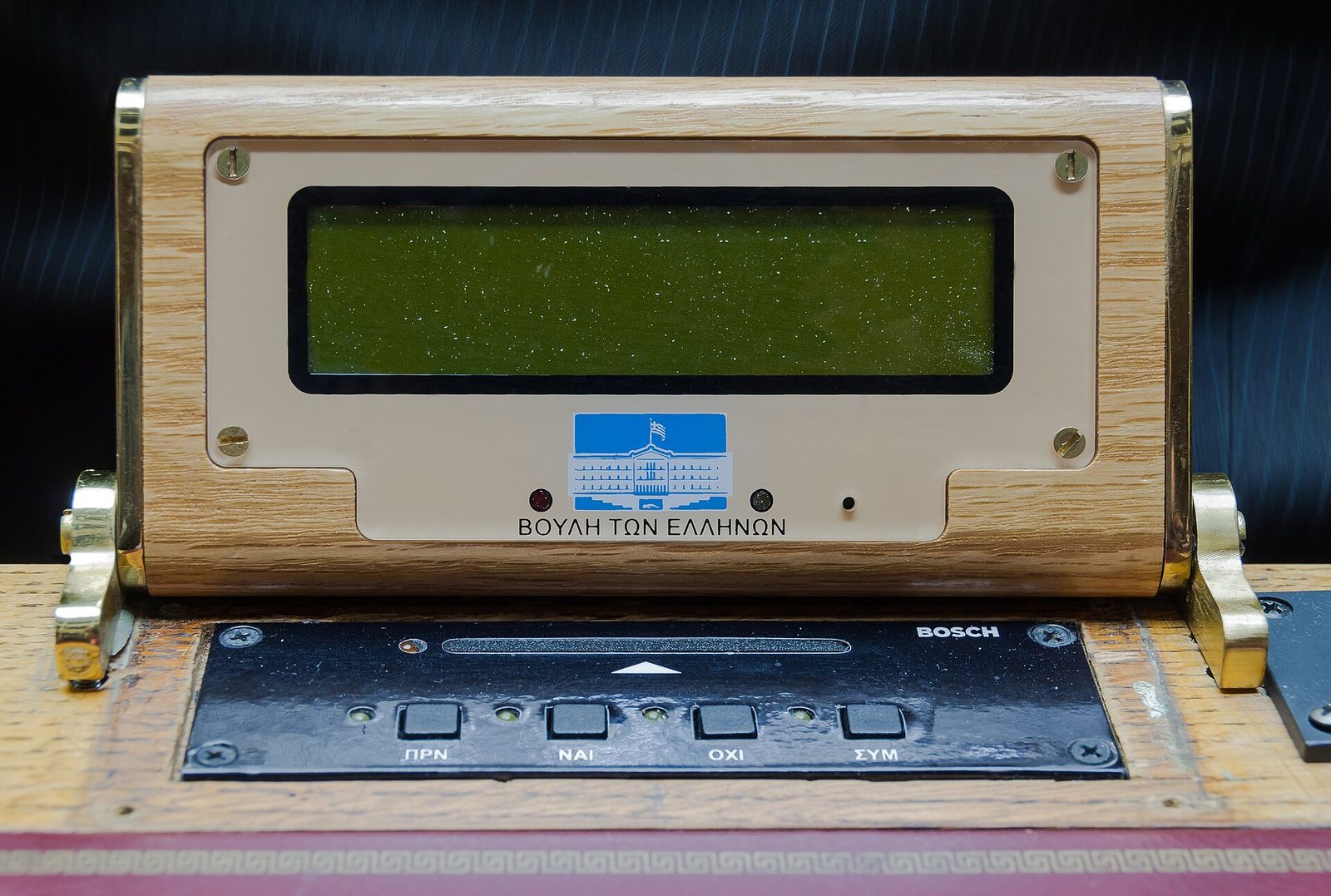 Close-up of a parliamentary voting machine with Greek language labels, Hellenic Parliament
