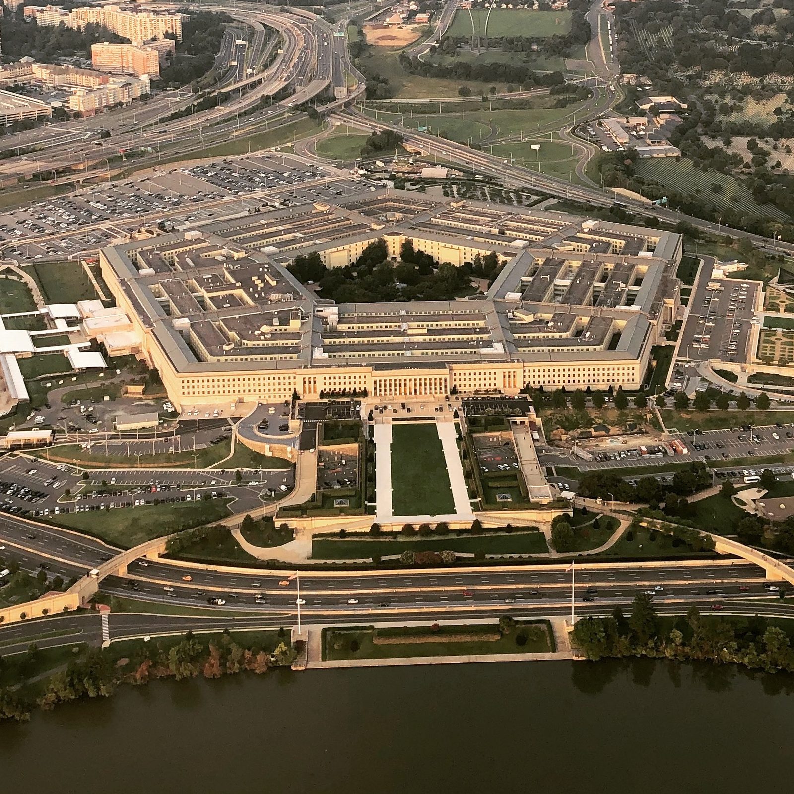 Aerial view of the Pentagon building and surrounding roads and car park, The Pentagon
