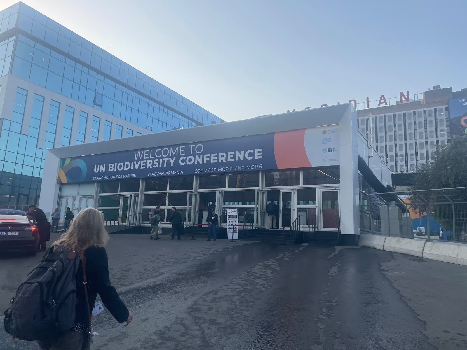 Entrance pavilion with large 'Welcome to UN Biodiversity Conference' banner, Yerevan