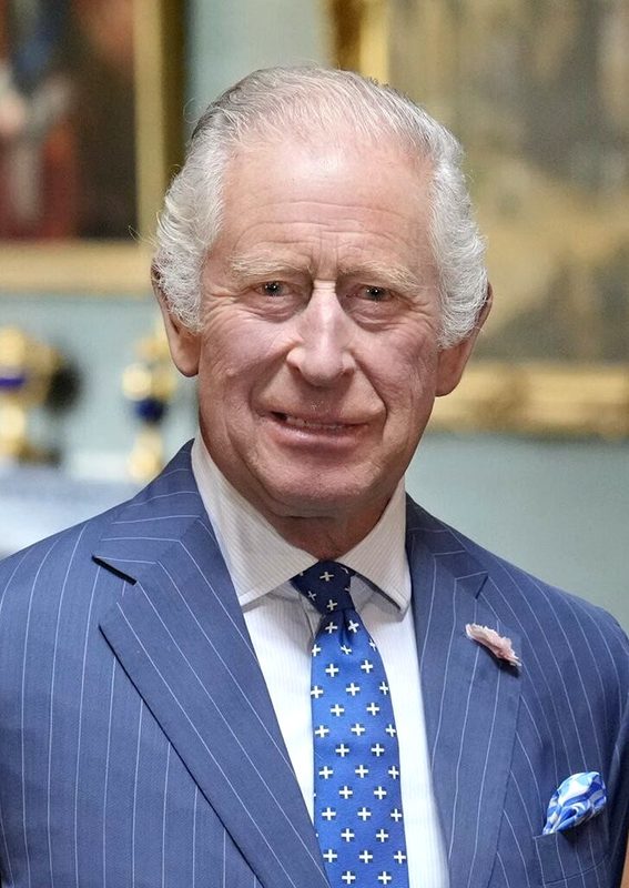 Frontal portrait of King Charles III, neutral smile, indoor setting